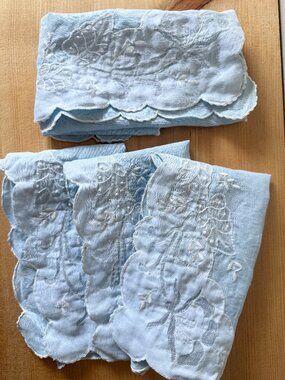 Vintage Blue Embroidered Linen Set | Scalloped Napkins & Squares | 7pc
